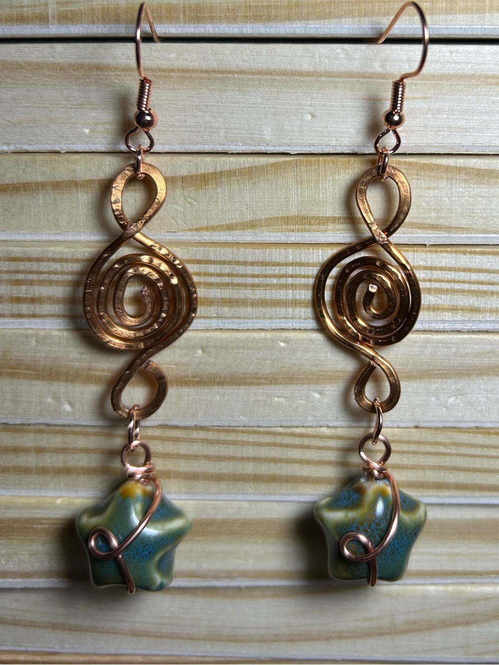 3/$25 Copper Spiral Earrings with Green Ceramic Star Drops